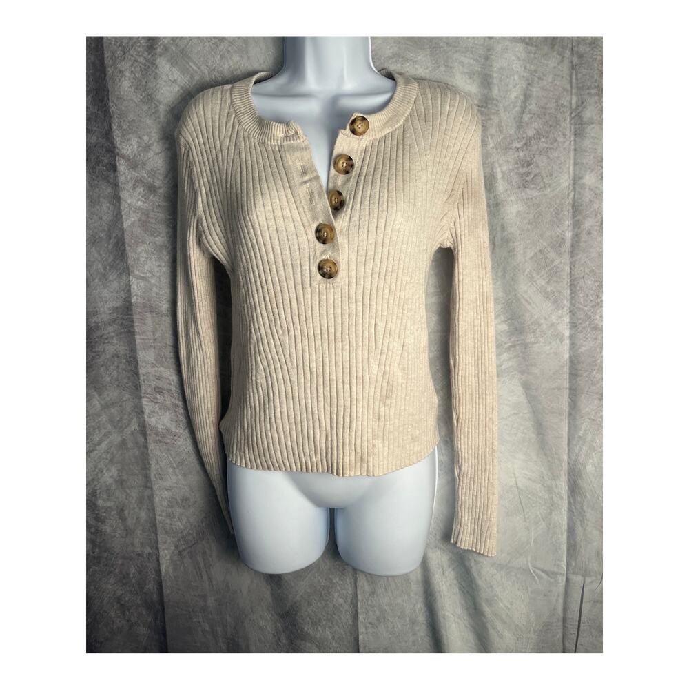 American Eagle Women’s Ribbed Henley Sweater Size Large Beige Knit Button Front